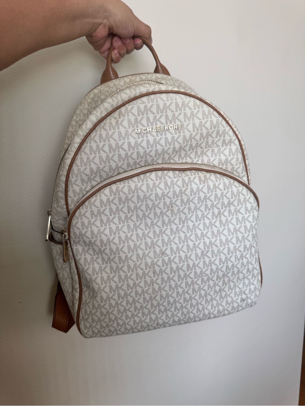 Michael Kors White & Brown MK Signature Backpack
